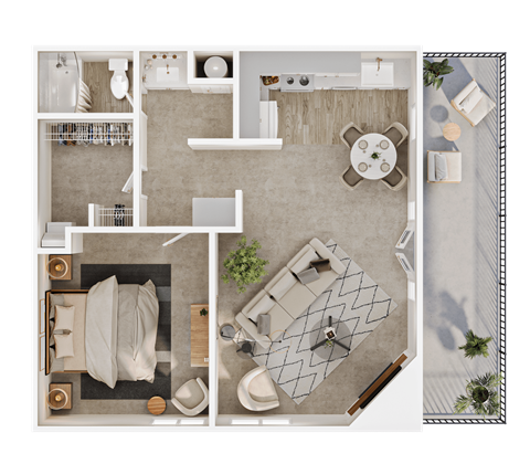 Floor plan for 1 bed, 1 bath, 700 sqft